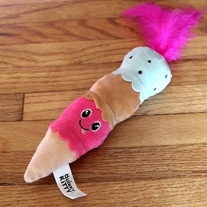 Quirky Kitty Ice Cream Kicker Catnip Crinkle Feather Soft Plush Cat Toy | Large Kicker Cat Toy for Bunny Kicks, Pouncing & Batting | Interactive Catnip Toy for Active Play
