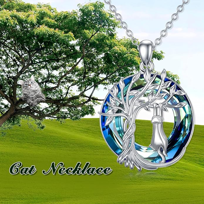 TOUPOP Cat Gifts for Cat Lovers Sterling Silver Cute Cats Tree of Life Pendant Necklace with Blue Circle Crystal Birthday Christmas Jewelry Gifts for Women