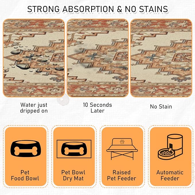 Pet Dog Food Mat - Absorbent Diatomite Dog Cat Feeding Mats for Food and Water, Anti Slip Dog Cat Bowl Placemat for Floors, Quick Dry Pet Dish Matts Supplies, Bohemia Style, 12 * 20in