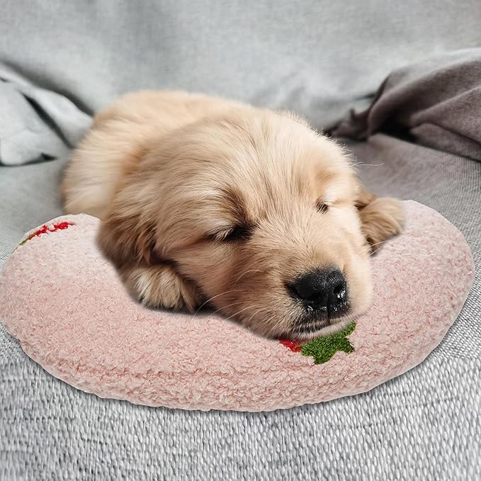 Lystaii Cat Calming Pillow for Indoor Pets - Soft Fluffy Cat & Dog Bed - Dog Neck Pillow Pet Toy Half Donut Anxiety Relief with Cute Embroidery Pattern (Pink, Strawberry)