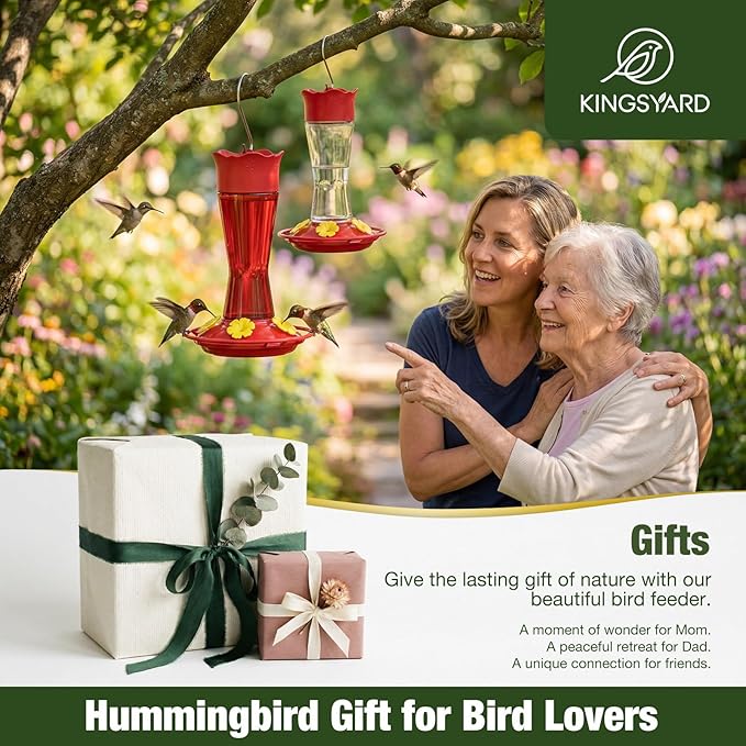 Kingsyard Glass Hummingbird Feeder for Outdoors Hanging, 10 oz Leak-Proof Humming Bird Feeders with Ant Moat & Bee Proof Feeding Ports, Hummingbird Gift for Bird Lovers (Red)