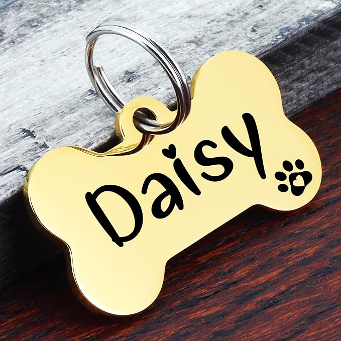 Ultra Joys Personalized Dog Tags for Pets - Durable Stainless Steel Customizable Dog Cat ID Tags - Dog Tags for Safety Optional Engraved on Both Sides -Bone Shape Dog Tag Small Size, Gold