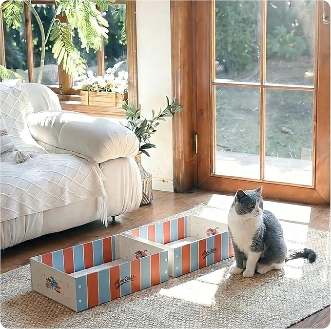 Cat Scratcher Box & Bed – Durable Grayboard Cat Lounge with White Wood-Pulp Scratch Pad, Easy Assembly & Dopamine Color Design for Indoor Cats