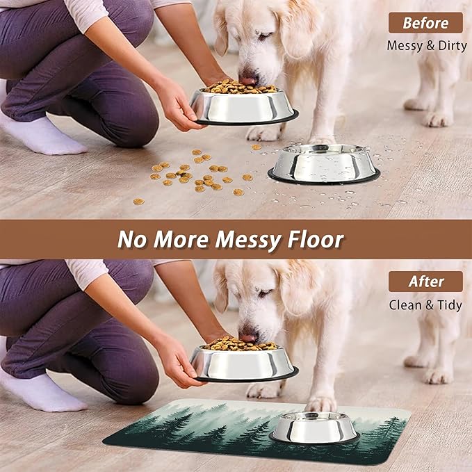 Misty Forest Pet Feeding Mat,Absorbent Quick-Dry Cat Dog Food and Water Bowl Mats,Non-Slip Rubber Backing Mat,Cat Dog Accessories Supplies 12"x20"