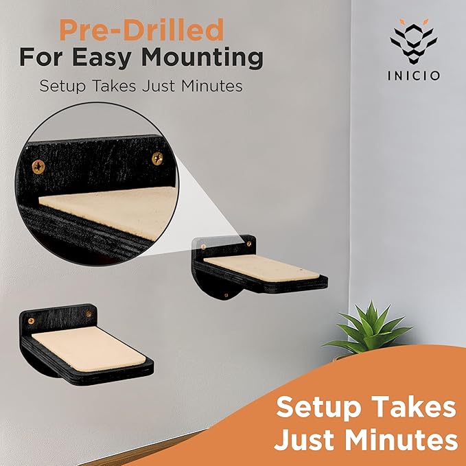 INICIO Cat Wall Stairs - Set of 3 Wall Steps for Cats to Climb with Fixtures, 8.7"x4.7" - Floating Steps for Climbing or Playing - for Kittens and Adult Cats, Black