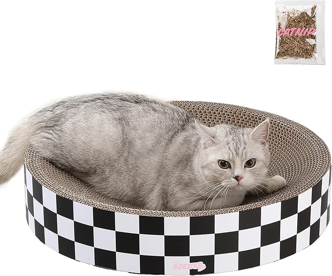 CSR1010F Nelson 20.13" Modern Cardboard Round Bowl Cat Scratcher with Catnip, Checkered