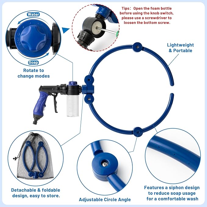 MALLMALL6 Adjustable 360° Dog Washing Hose Attachment with Pet Grooming Glove & 2 100cc Soap Dispenser, Foldable Foam Nozzle Sprayer with 4 Faucet Connectors & 8.2Ft Puppy Washer Hose for Showering