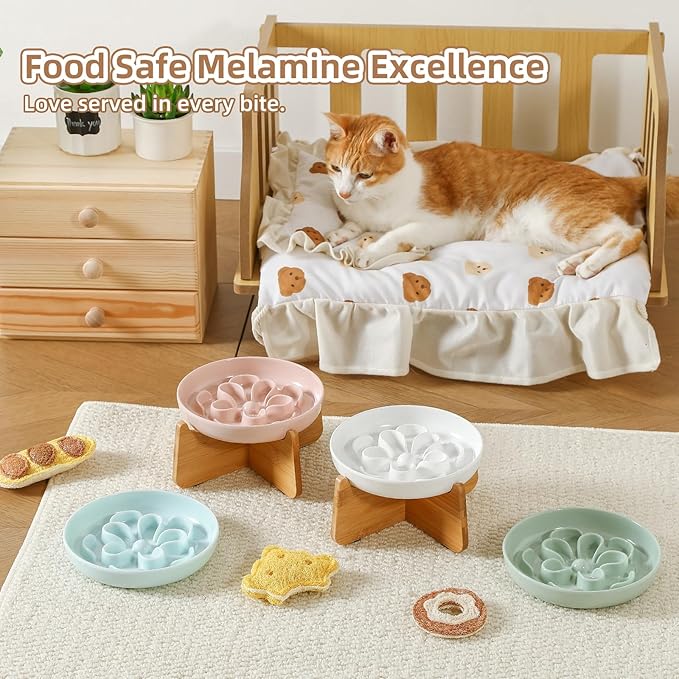 Elevated Slow Feeder Cat Bowl - Melamine Cat Dish with Anti-Slip Bamboo Stand - Whisker Friendly Feeding Bowl - Floral Maze Food Plate for Slow Eating - White