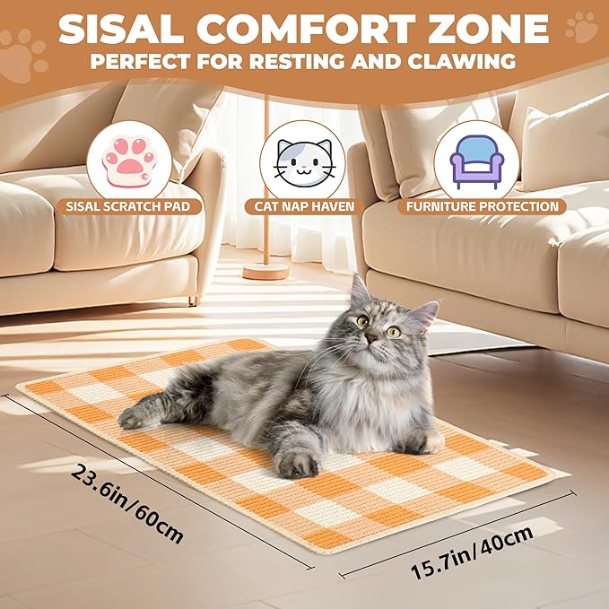 Cat Scratcher Mat, 23.6x15.7 Inch Natural Sisal Cat Scratch Pad, Horizontal Cat Scratching Pad Rug for Indoor Cats with Sticky Tapes, Protect Couch & Carpets（Orange White）