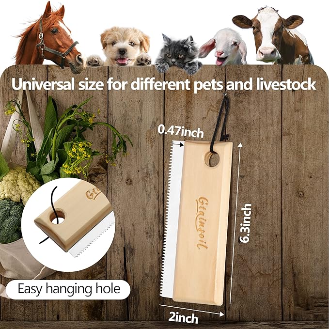 Shedding and Grooming Tool - Brush Scraper for Pets' Undercoat, Horses, Cattle, and Cats, Wooden Handle with Stainless Steel Blade