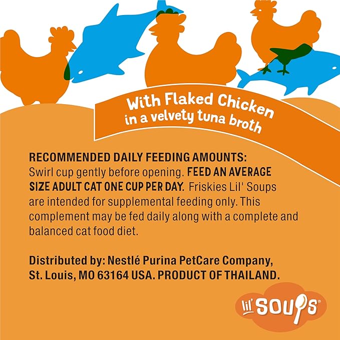 Purina Friskies Natural, Grain Free Wet Cat Food Lickable Cat Treats, Lil' Soups Flaked Chicken - (Pack of 8) 1.2 oz. Tubs