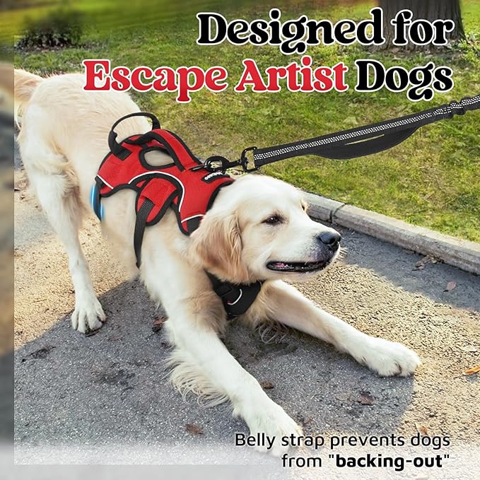 rabbitgoo Escape Proof Dog Harness, Soft Padded Full Body Pet Harness, Reflective Adjustable No Pull Vest with Lift Handle and Leash Clip for Large Dogs Walking Hiking Training, L, Red
