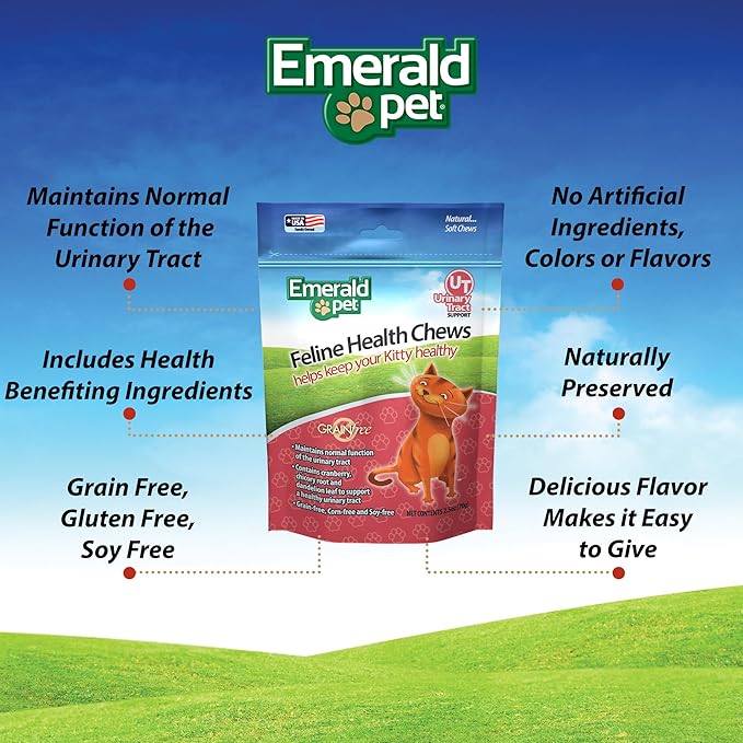 Emerald Pet Feline Health Chews UT Support — Natural Grain Free Urinary Tract Health Cat Chews — Cat Urinary Supplements with Cranberry, Chicory Root, and Dandelion Leaf Extract — Made in USA, 2.5 oz