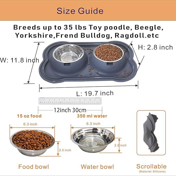 Stainless Steel Dog Bowls with Silicone Mat, Non-Skid Pet Feeder, No-Spill Design, Rust-Resistant Cat Dishes, Easy to Clean, Grey