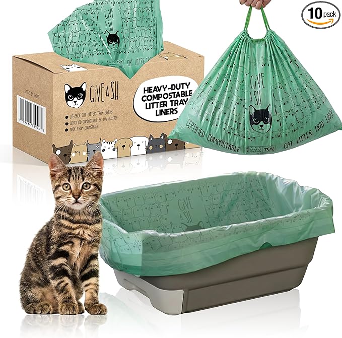 Home Compostable Cat Litter Box Liners, Jumbo XL 36” x 19” Drawstring - Extra Thick Heavy Duty Litter Box Bags, Tear Resistant & Leak-Proof Cat Liners for Easy Cleanup - Pack of 10