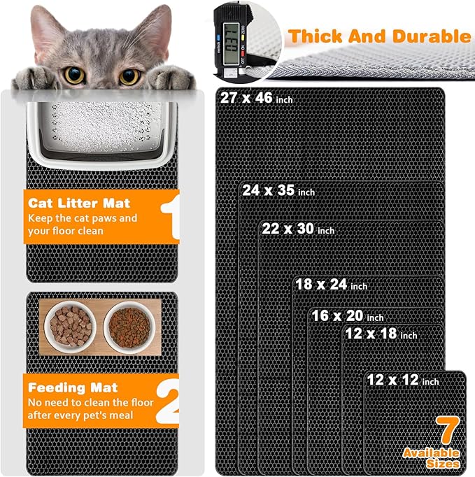 Waterproof Cat Litter Mat, Double Layer EVA, Odor-Free Large Grid, Urine Proof, Easy Cleanup (Black, 27 x 46)