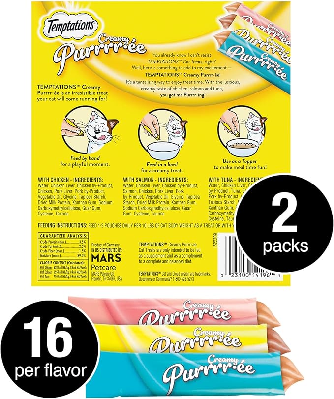 Temptations Creamy Puree Squeezable Lickable Cat Treats, Wet Cat Treats with Chicken, Salmon, and Tuna Variety Pack, 0.42 oz. Tubes, 24 Count, Pack of 2 (48 Total)