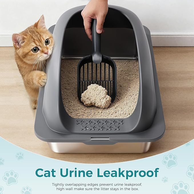 OLIXIS Stainless Steel Cat Litter Box with Lid, Large Cat Litter Box for Big Cats, High Wall Sides, Anti-Urine Leakage, Easy Cleaning, Scoop and Mat Included, Dark Gray
