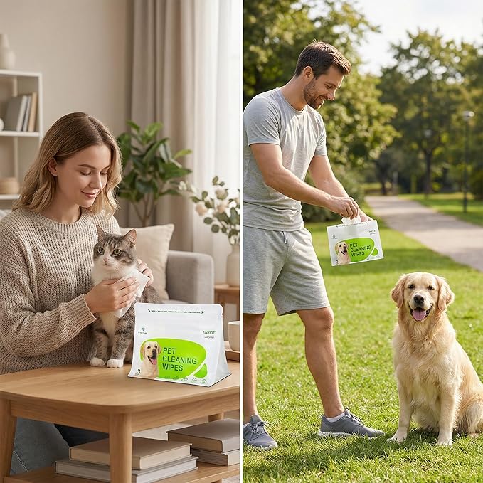 Pet Wipes for Dogs & Cats, Individually Wrapped Dog & Cat Wipes for Paws, Face & Body, Alcohol-Free Pet Grooming Wipes, 8"×8", 60 Count (20 Travel Packs)