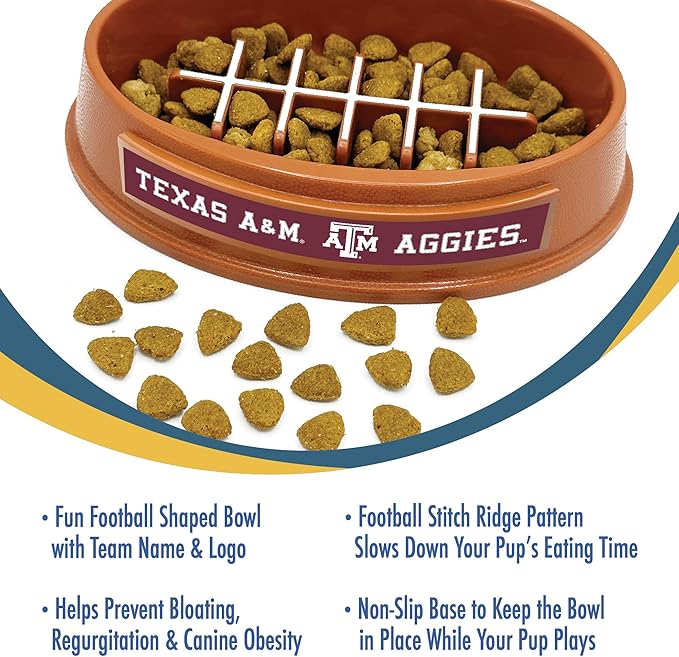 NCAA Super-Bowl - Texas A&M Slow Feeder Dog Bowl. Football Design Slow Feeding Cat Bowl for Healthy Digestion. Non-Slip Pet Bowl for Large & Small Dogs & Cats