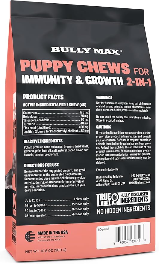 Bully Max 2-in-1 Puppy Treats Soft Chews for Immunity & Growth - Dog Vitamins & Supplements - Essential Multivitamin Food Topper for Health & Immune Support - Small, Medium & Large Breed Puppies