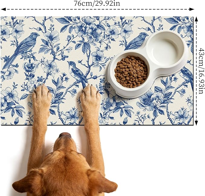 Dog Cat Food Mat - Absorbent Quick Dry Dog Bowl Mats for Food and Water, Anti Slip Cat Feeding Placemat for Floors, Diatomite Pet Dish Matts Accessories Supplies, Floral Bird Style, 17*30in