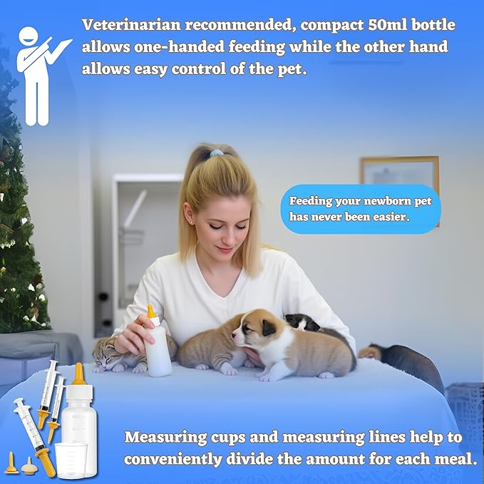 Newborn Pet Feeding Kit, 50ml Nursing Bottle & Syringe Set for Puppies, Kittens, Rabbits, Squirrels – BPA-Free Silicone Nipples, Measuring Cup & Cleaning Brush – Safe, Hygienic Milk Feeder