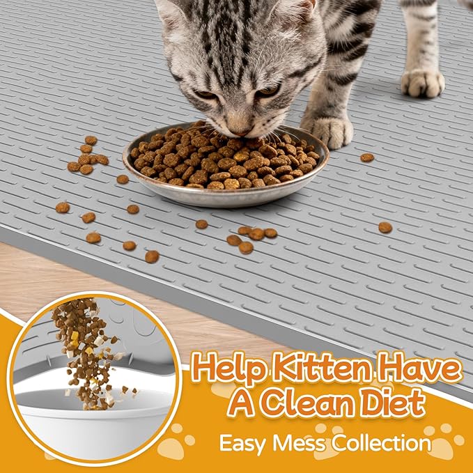 Lanstics Cat Food Mat, 40" x 28" Large Silicone Mat Cat Feeding Mat with Raised Edge Non-Slip Pet Feeding Mat for Food and Water Bowl, Easy to Clean, Floor Protection (Gray)