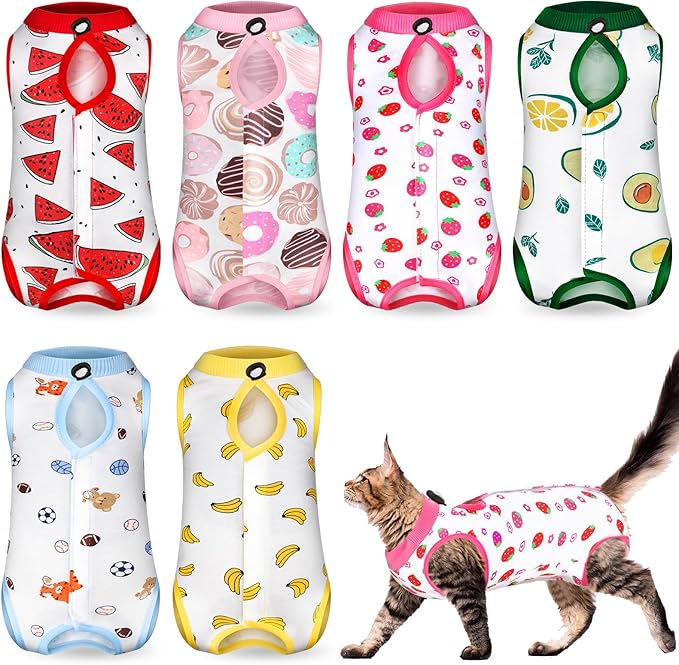Kacctyen 6 Set Cat Recovery Suit After Surgery Female and Male Cat Kitten Surgery Suit E Collar Alternative Pajama Kitty Clothes for Spay Abdominal Skin Anti Licking(Fruit,Medium)