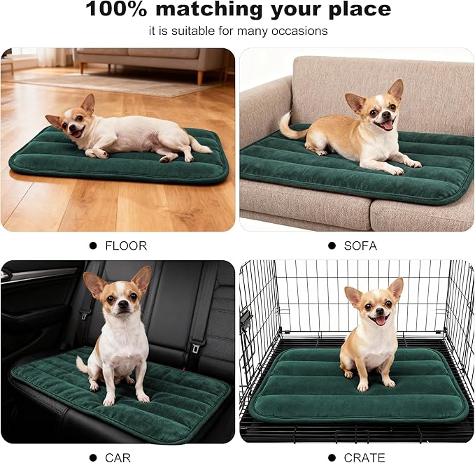 Dog Crate Pad, Ultra Soft & Anti-Slip Kennel Mat, Secure Fit for Metal Crates & Dog Cages, Washable Cozy Bed for Small Medium Large Dogs (Green, S(23"*14"*1.5"))