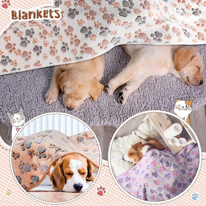 Tatuo 4 Pcs Dog Blanket for Pet Puppy Teething Toys Paw Print Fleece Blanket for Pet Cat Soft Warm Sleep Mat Guinea Pig Cage Mat(Large(36 x 36 Inch),White, Coffee, Pink, Purple)