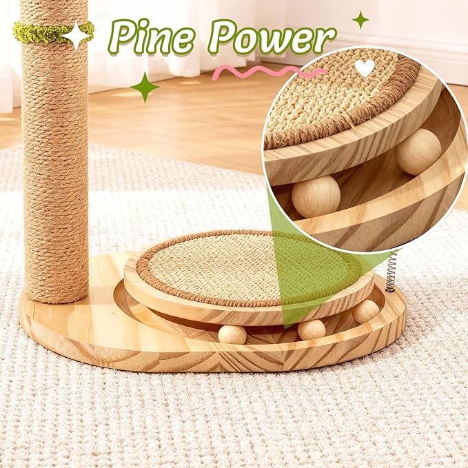 39" Tall Cat Scratching Post, Cute Olive Tree Cat Scratcher, Interactive Cat Toys with Ball Track & Spring Ball, Sturdy Cat Tree with Scratch Pad for Indoor Cats Adults and Kittens