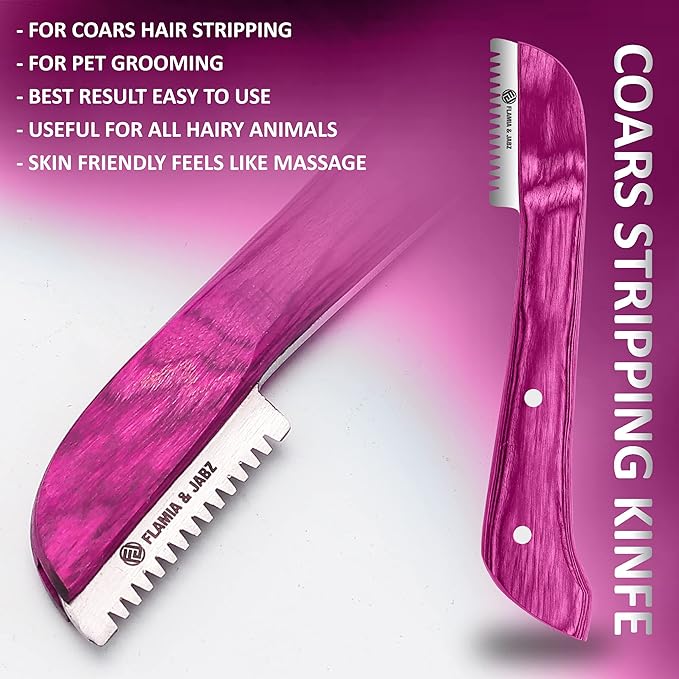 FLAMIA & JABZ FJ Professional Stripping Knife kit (6 pieces set) for Dogs & Pets, Wooden Handle Grip with Stainless Steel Blade (Right handed) (Pink)