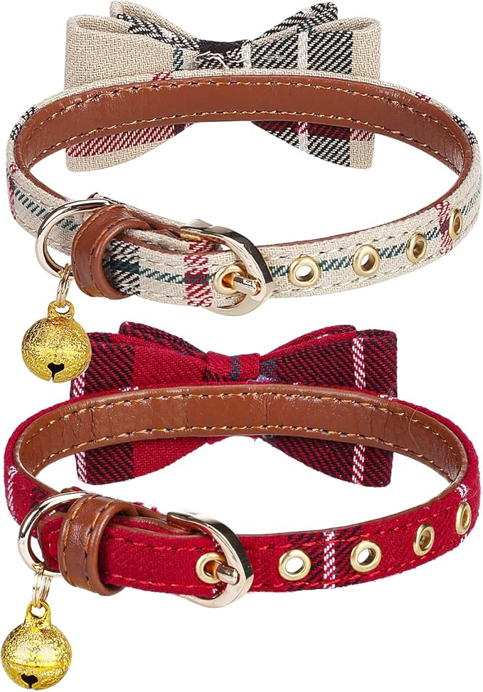 PUPTECK Puppy Collar with Bell XXS Dog Collar Charm Adjustable Bowtie Soft Leather for Cats Kittens Extra Small Dogs 2 Packs