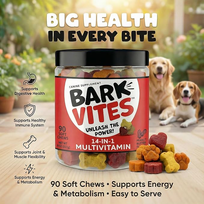 14-in-1 Multivitamin Soft Chews for Dogs - Turmeric, Quercetin, Yucca Schidigera, Beta Carotene, Vitamins A, B1, B2, B5, B6, B12, D3, E, & Biotin, Digestive, Joint & Immune Support, 90ct