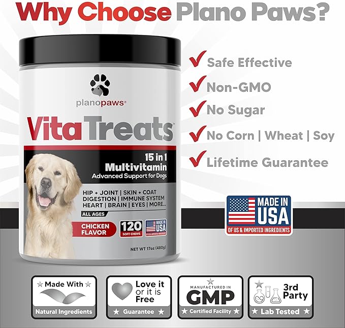 Vita Treats - Dog Vitamins and Supplements - Hemp Oil for Dogs - Glucosamine Chondroitin for Dogs - Omega 3 Fish Oil for Skin & Coat - Probiotics - Dog Joint Supplement - 120 Dog Multivitamin Chews