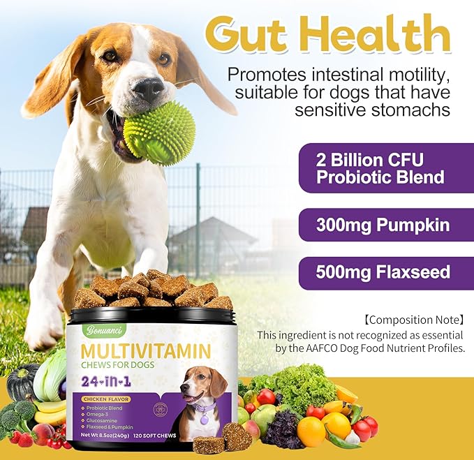 Dog Multivitamin Supplement for Dogs Vitamins Chewable Contain Glucosamine, Vitamin, Probiotics, Omega-3 for Puppy Supplies Skin Coat, Heart, Hips & Joints, Digestion & Immune System 120pcs