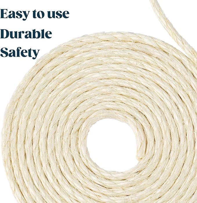 Pelzin Natural Sisal Rope for Cat Scratcher 1/4 Inch by 75 Feet, Cat Tree Rope Twine for Cat Scratching Post Replacement, Cat Tower with Scratch Post Repairing, Replace, Recovering and DIY, White