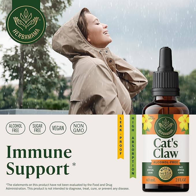 HERBAMAMA Cat's Claw Tincture - Vegan Cat's Claw Extract Supplement for Immune Support - Non-GMO, Alcohol & Sugar-Free Uncaria Tomentosa Drops