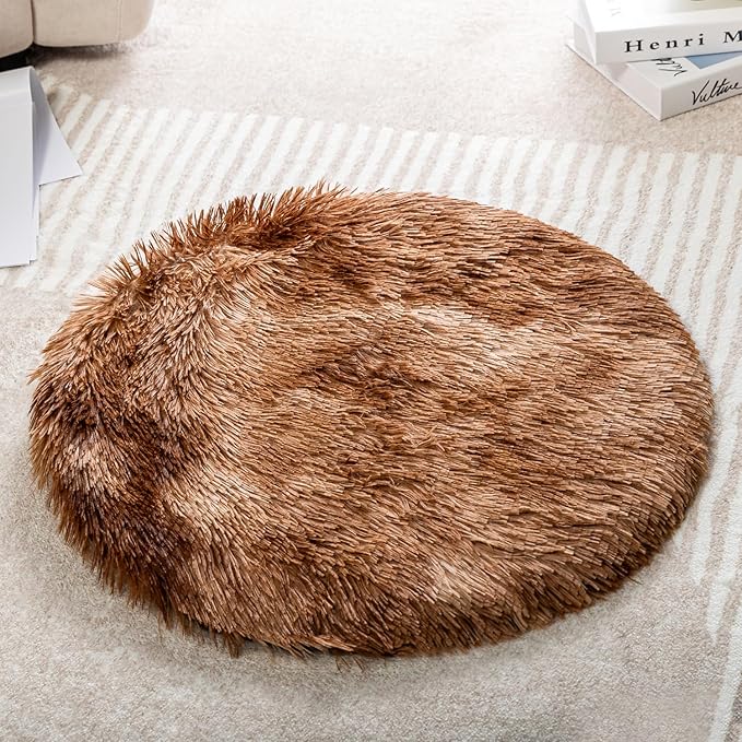 Round Plush Pet Mat Thin Style Pad Mat for Cats, Small Dogs, Rabbits, Guinea Pigs, Washable Soft Sofa mat, for Crate Cat Tree Tower Window Perch (Brown, Medium (19.7inch) - 1pcs)