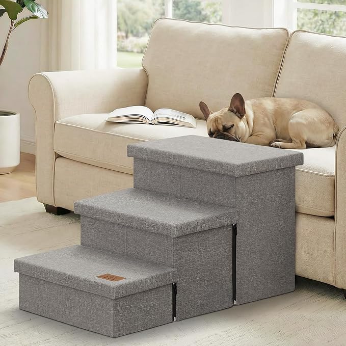 Wider Dog Ramp for High Bed with Storage 18" H, Foldable Dog Stairs for Small Medium Large Older Senior Animal, Sturdy Dog Step for Climbing Bed or Couch, Arthritis-Friendly (Gray, No Condo)