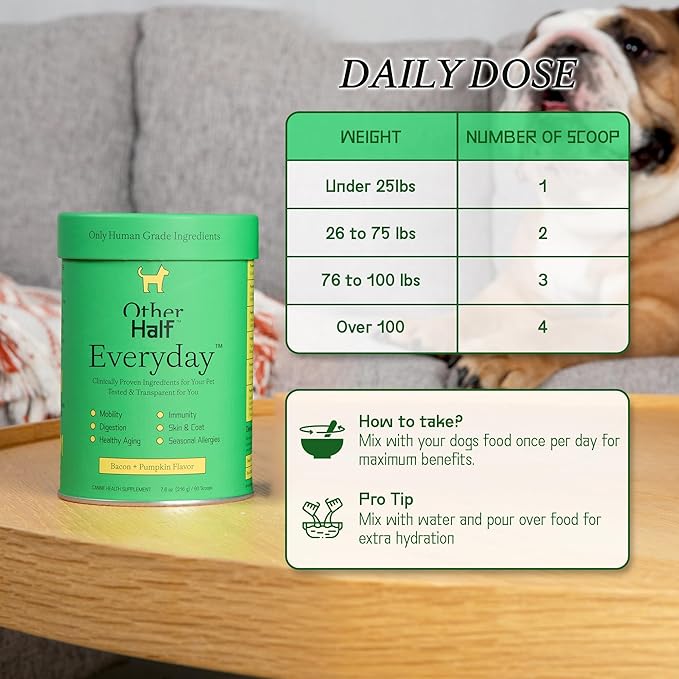 Other Half Everyday - Dog Multivitamin Supplement - Daily Joint, Gut, Allergy, Immune, Urinary Tract Support, Skin, Coat & More - Glucosamine, Chondroitin, Omega 3 & Probiotics | 45 Active Ingredients