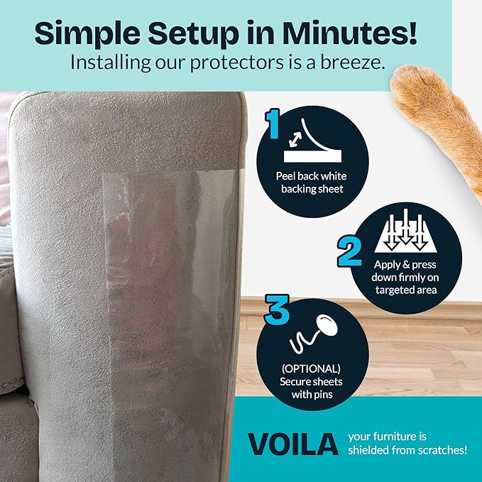 Reli. Cat Scratch Furniture Protector XL (12 Pack w/Pins) Anti Cat Scratch Couch Protector from Claws | Self Adhesive, Clear Plastic Furniture Shield for Couch Corner, Sofa