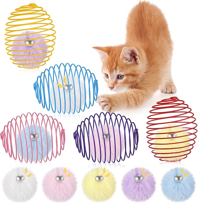 Jecery 5 Pcs Cat Spring Toys Stretchable Rolling Balls Colorful Playful Coils Interactive Action Toy Caged Rats for Kitten Pet Supplies (Pom-pom with Bell,Multicolor)