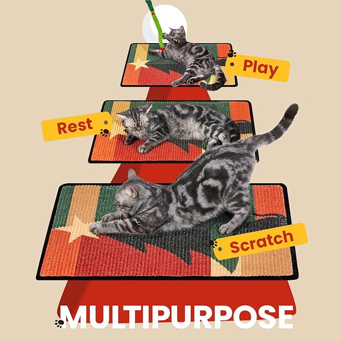 Conlun Cat Scratcher Mat,Sisal Cat Scratch Pad,Horizontal Floor Cat Scratching Pads Rug for Indoor Cats,Protector for Wall&Carpets&Sofas,Kitty Xmas-Gift, Includes Cat Toy (M, Christmas)