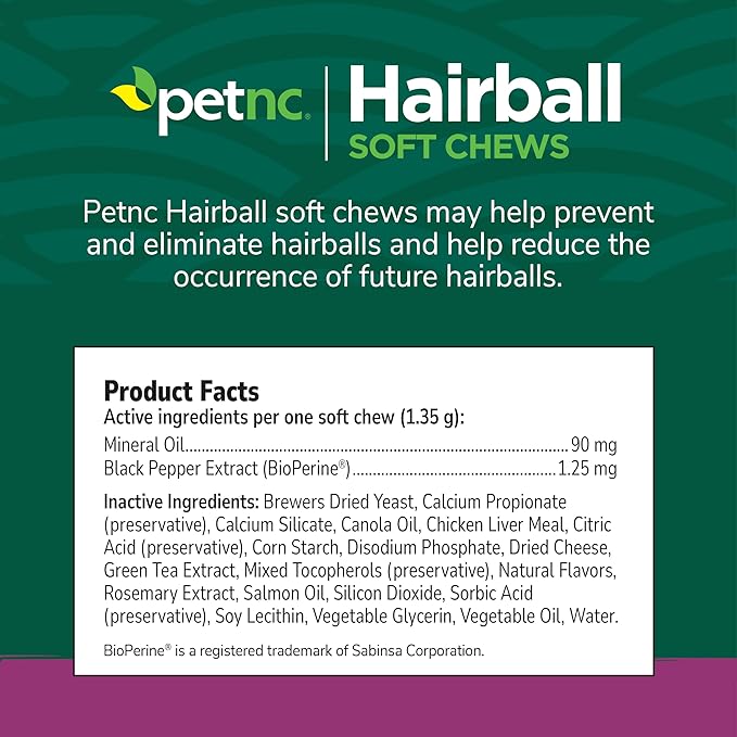 Petnc Hairball Soft Chews for Cats (90 Count), Helps Reduce Cat Hairball Formation with Mineral Oil & Black Pepper Extract, Chicken & Cheese Flavor, For Felines of All Ages & Breeds