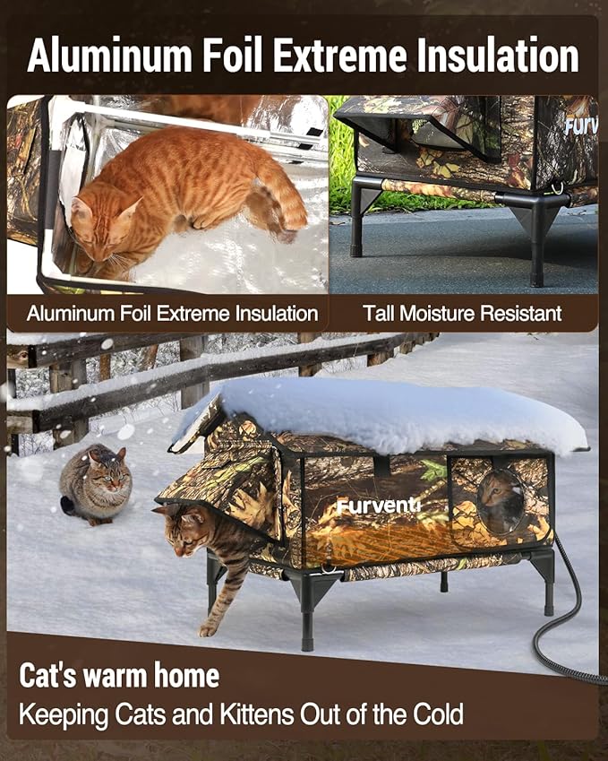 Heated Cat House for Outside,Extremely Weatherproof&Insulated in Winter,Elevated Outdoor Cat Shelter with Waterproof Eaves&Escape Door for Feral Stray Barn Cats(Leaves,M)