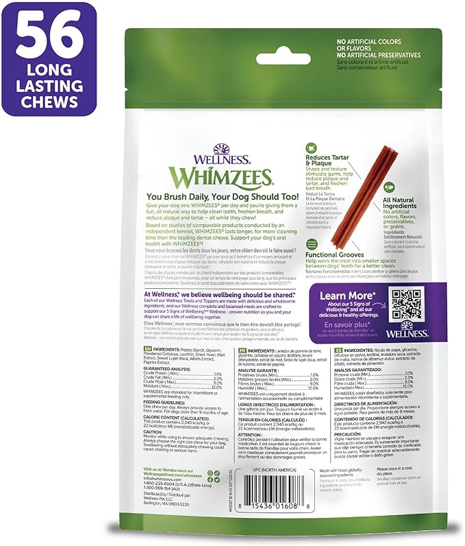 WHIMZEES Wellness Stix Dog Dental Treats, Extra Small Size Stick, (56 Count)