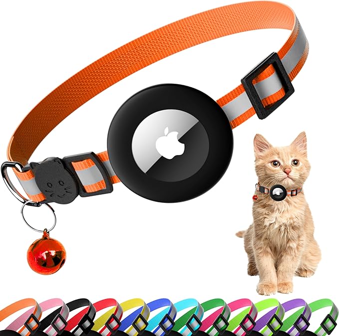 Cat Collar with Air Tag Holder, Reflective Kitten Collar with Bell, Breakaway Airtag Cat Collar for Boys Girls Cats, GPS Tracker for Cats 0.4’’ Width Adjustable Safe Kitty Collar, Orange