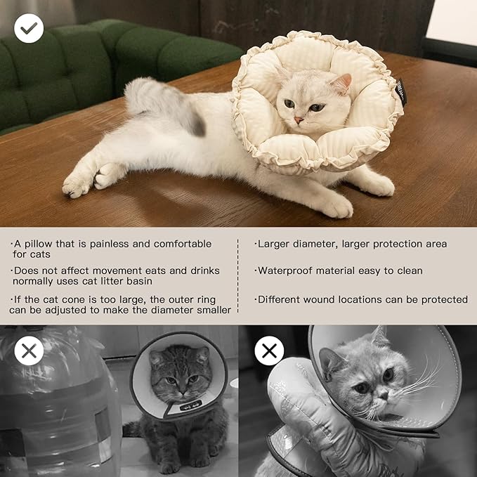 H HIDREAM Soft Cat Cone Collar， Cute Adjustable Cat Recovery Collar，Elizabethan e Collar That can Protect Head and Foot Wounds，Egg White Flower All-Season Style